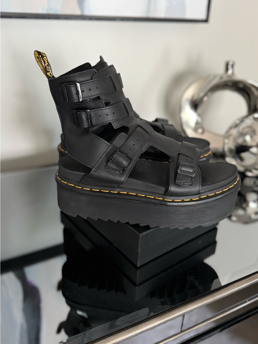 Dr. Martens Giavanna Black Platform Gladiator Sandal with Yellow Stitching